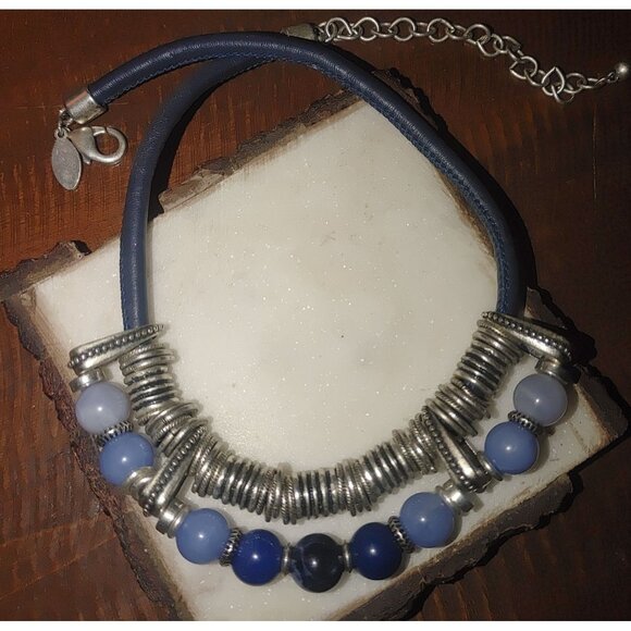 Chicos Silver & Blue Beaded Necklace With Adjustable Clasp